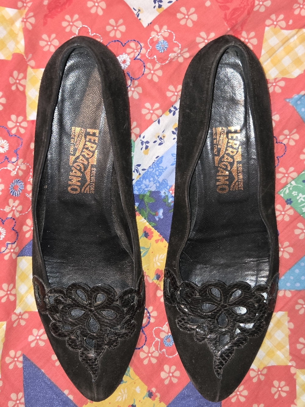 Vintage Salvatore Ferragamo Black Suede Pointed Toe Flats with Cutout Appliqué
